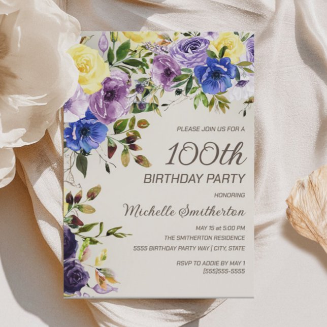 Invitación Floral color morado amarillo 100 cumpleaños (Purple and yellow watercolor floral 100th birthday party invitation)