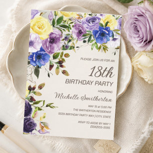 Invitación Floral color morado amarillo 18 cumpleaños