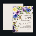 Invitación Floral color morado amarillo 40 cumpleaños<br><div class="desc">Bonito color de agua morado y amarillo acuarela floral color de agua botánica 40 cumpleaños invitación a las mujeres. El texto es un elegante tipo de letra de pincel caligráfico y está alineado en el lado derecho de la tarjeta. Esta invitación de cumpleaños es perfecta para tu celebración de primavera...</div>