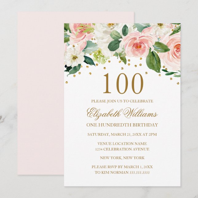 Invitación Floral color oro rosa 100 cumpleaños (Anverso / Reverso)