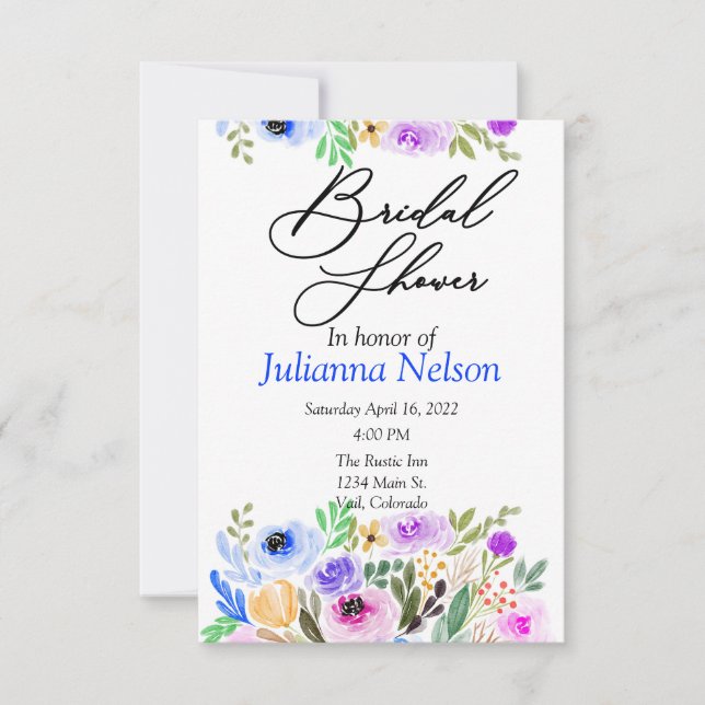 Invitación floral color púrpura y azul (Anverso)