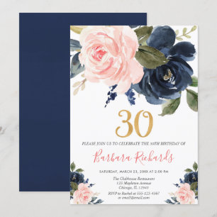 Invitación Floral color rosa y azul marino de Rubor 30 años