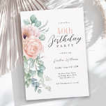 Invitación Floral color rosa y beige 40 cumpleaños<br><div class="desc">Esta encantadora acuarela floral de color rosa y melocotón con rosas rosas y melocotones y adornos de eucalipto a lo largo de la frontera izquierda es una bella invitación femenina a celebrar el cumpleaños 40. Todo el texto puede ser personalizado para su fiesta. Esta invitación está disponible como descarga digital...</div>