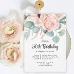 Invitación Floral color rosa y beige 50 cumpleaños<br><div class="desc">Una hermosa invitación femenina para celebrar este cumpleaños número 50, este diseño presenta un bonito ramo de amapolas acuáticas, rosas, eucaliptos y vegetación en tonos pastel beige, rosa, verde y azul-verde. Celebra al invitado de honor con un estilo encantador con este diseño único en forma de muesca invitación. Personalice la...</div>