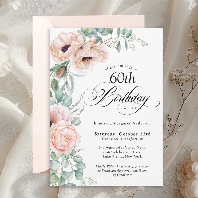 Invitación Floral color rosa y beige 60 cumpleaños (Available in both printed and digital download formats.)