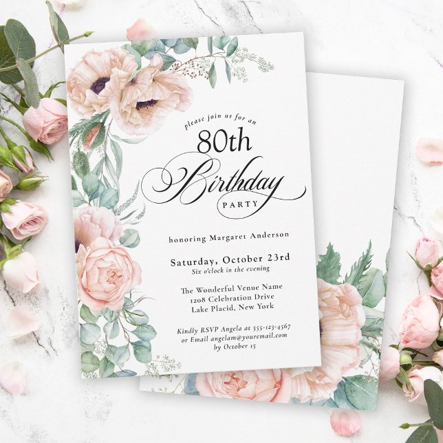 Invitación Floral color rosa y beige 80 cumpleaños (A beautifully feminine party invitation to celebrate a milestone birthday.)