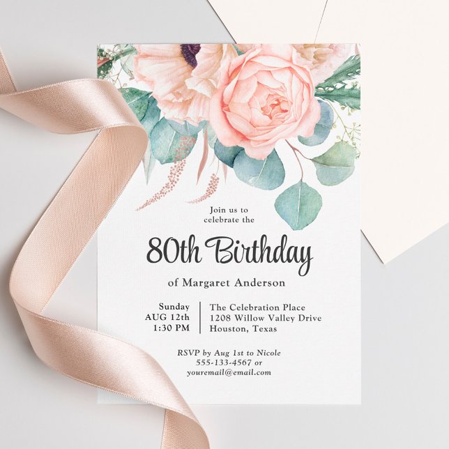 Invitación Floral color rosa y beige 80 cumpleaños (Subido por el creador)