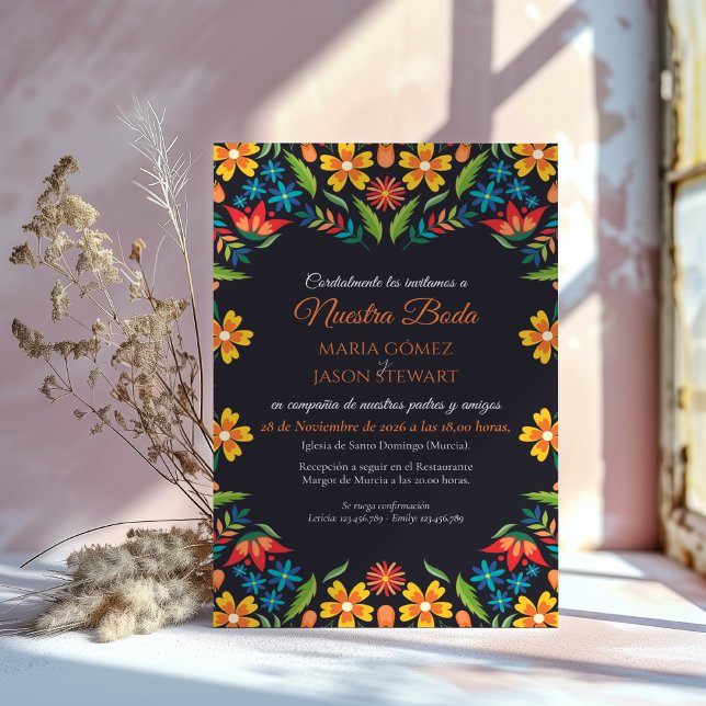 Invitación Floral Colorful Botanical Flowers Spanish Wedding (Floral Colorful Botanical Flowers Spanish Wedding Invitation)
