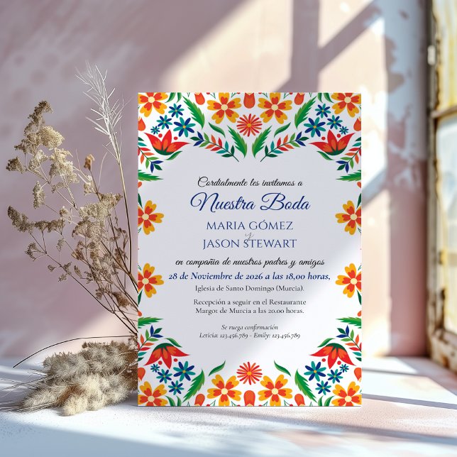 Invitación Floral Colorful Botanical Flowers Spanish Wedding (Floral Colorful Botanical Flowers Spanish Wedding Invitation)