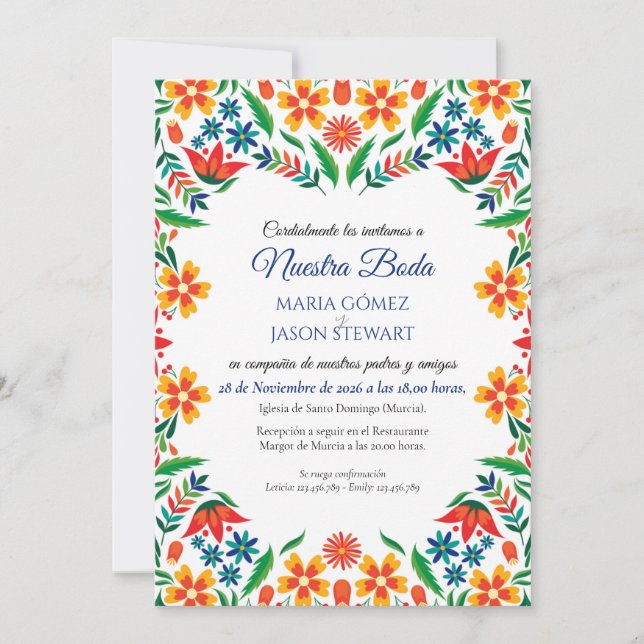 Invitación Floral Colorful Botanical Flowers Spanish Wedding (Anverso)