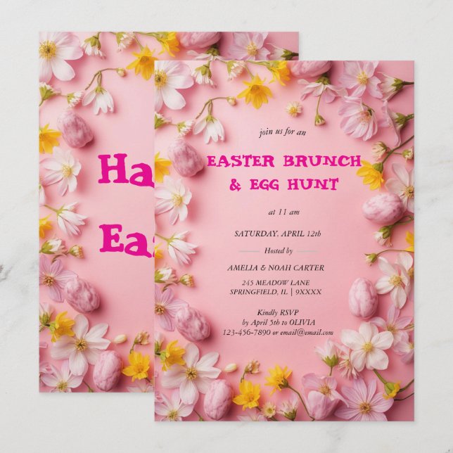 Invitación Floral Colorful Easter BRUNCH & HUNT (Anverso / Reverso)