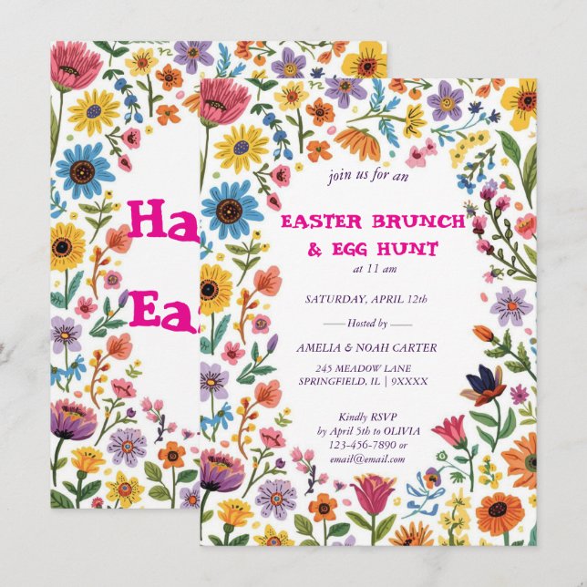 Invitación Floral Colorful Easter BRUNCH & HUNT (Anverso / Reverso)
