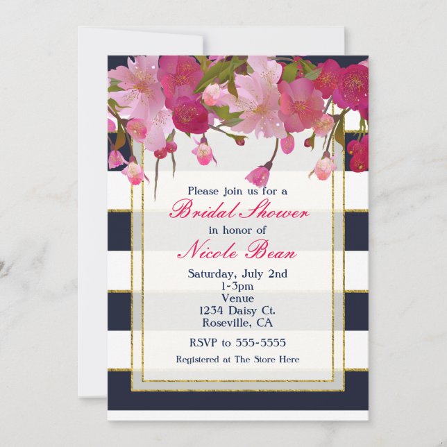 Invitación Floral con ducha de novia moderna Purpurina de oro (Anverso)