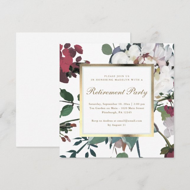 Invitación Floral con falso Fiesta de retiro de marco dorado (Anverso / Reverso)