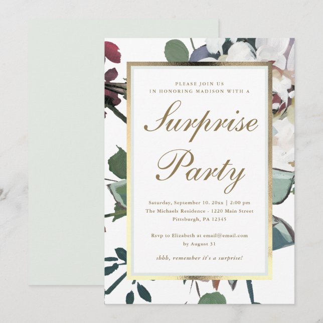 Invitación Floral con falso Fiesta de sorpresa de marco dorad (Anverso / Reverso)