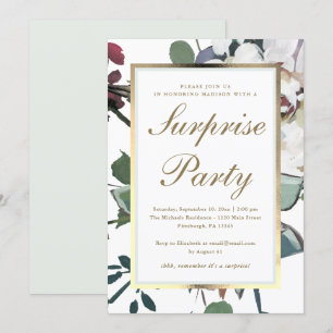 Invitación Floral con falso Fiesta de sorpresa de marco dorad