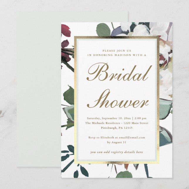 Invitación Floral con marco dorado falso ducha de novia (Anverso / Reverso)
