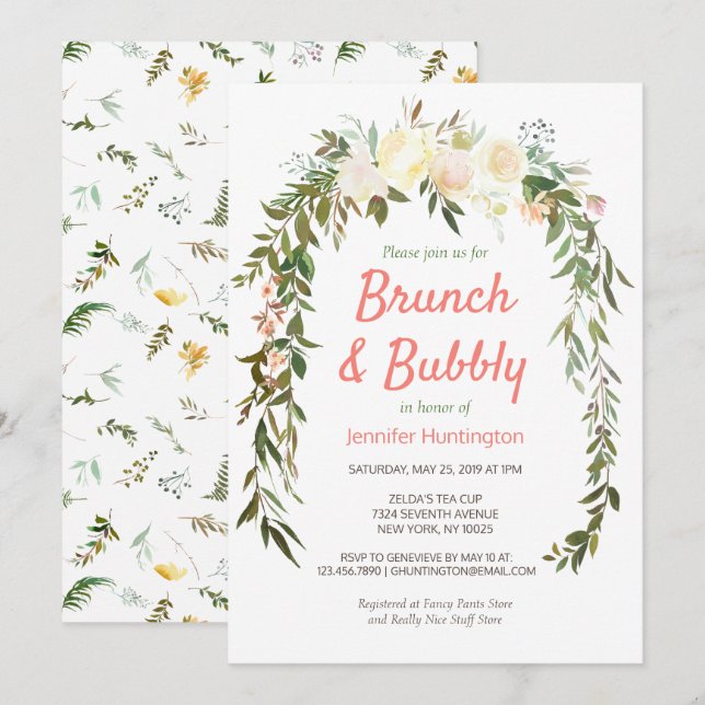 Invitación Floral Coral de Marfil Brunch & Bubbly Bridal Show (Anverso / Reverso)