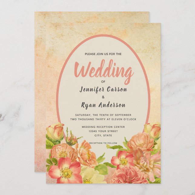 Invitación Floral Coral English Garden Country Wedding (Anverso / Reverso)