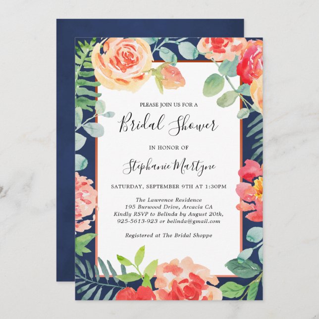 Invitación Floral Coral Foliage Marina Blue Bridal Shower (Anverso / Reverso)