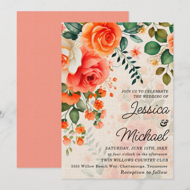 Invitación Floral Coral Naranja Romántico (Anverso / Reverso)