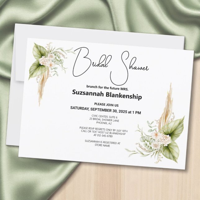 Invitación Floral Corner Border Bridal Shower (Bridal shower template invitation front has a solid white back)