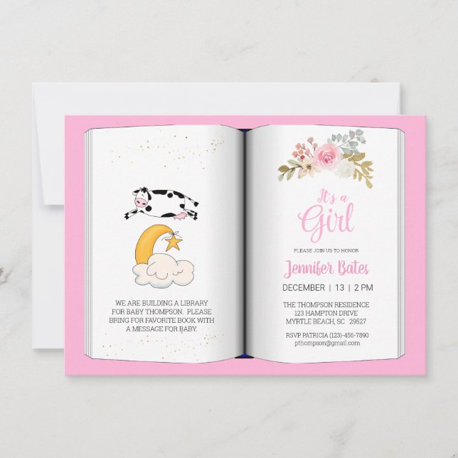 Invitación Floral Cow Over the Moon Theme Baby Shower (Anverso)
