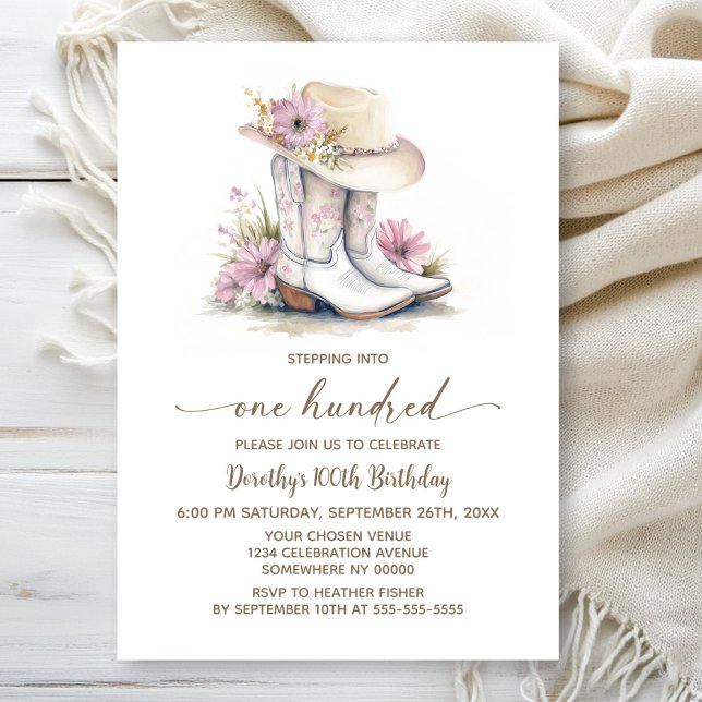 Invitación Floral Cowgirl Boots and Hat 100th Birthday Party (Subido por el creador)
