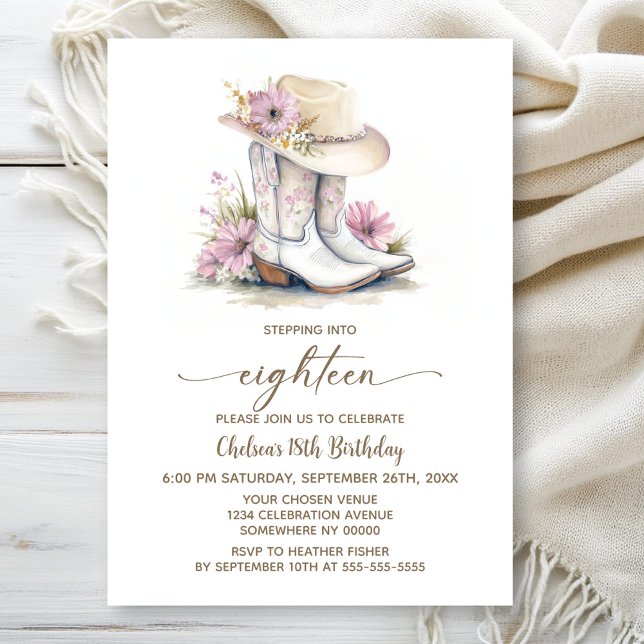 Invitación Floral Cowgirl Boots and Hat 18th Birthday Party (Subido por el creador)