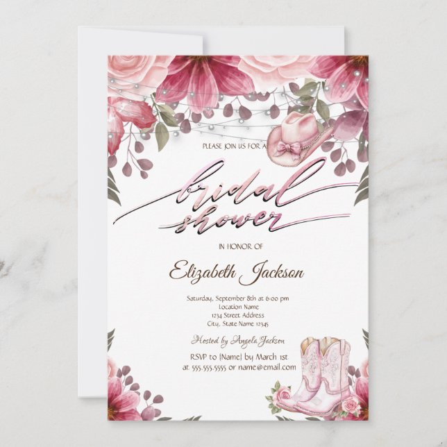 Invitación Floral Cowgirl Boots Hat Lights Bridal Shower  (Anverso)