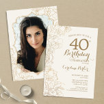 Invitación Floral Cream Gold Photo 40th Birthday Fiesta<br><div class="desc">Floral Marfil Cream Gold Foto 40th Birthday Party Invitation. Diseño moderno minimalista con acentos de dibujos botánicos y tipo de letra de guión tipográfico. Sencilla carta de invitación a la moda, perfecta para una elegante celebración de cumpleaños femenina. Se puede personalizar a cualquier edad. Invitaciones Zazzle impresas o una plantilla...</div>