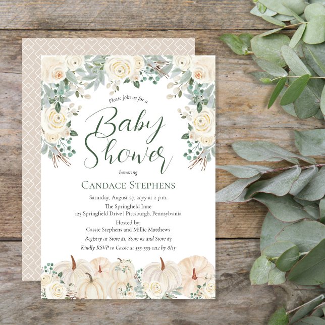 Invitación Floral crema | Caída de calabazas | Baby Shower de (Beautiful gender neutral forest and sage green with cream-colored pumpkins and florals "Baby Shower")