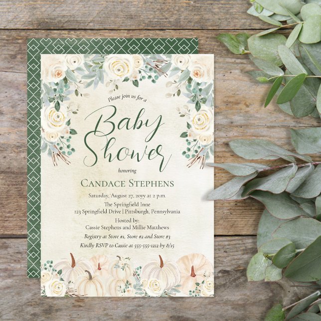 Invitación Floral crema | Calabazas - Baby Shower verde fores (Beautiful gender neutral forest and sage green with cream-colored pumpkins and florals "Baby Shower")