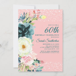 Invitación Floral crema rosa Verde azulada 60 cumpleaños