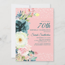 Invitación Floral crema rosa Verde azulada 70 cumpleaños