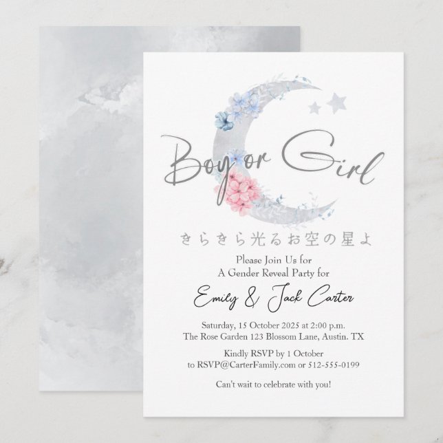 Invitación Floral Crescent Twinkle Little Star Gender Reveal (Anverso / Reverso)