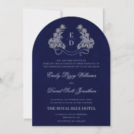 Invitación Floral Crest Monogram Navy Heritage Wedding