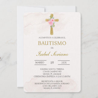 Invitación Floral cross beige Spanish baptism