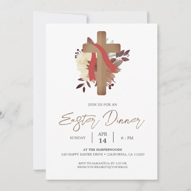 Invitación floral Cross Christian Spring Easter Dinner (Anverso)