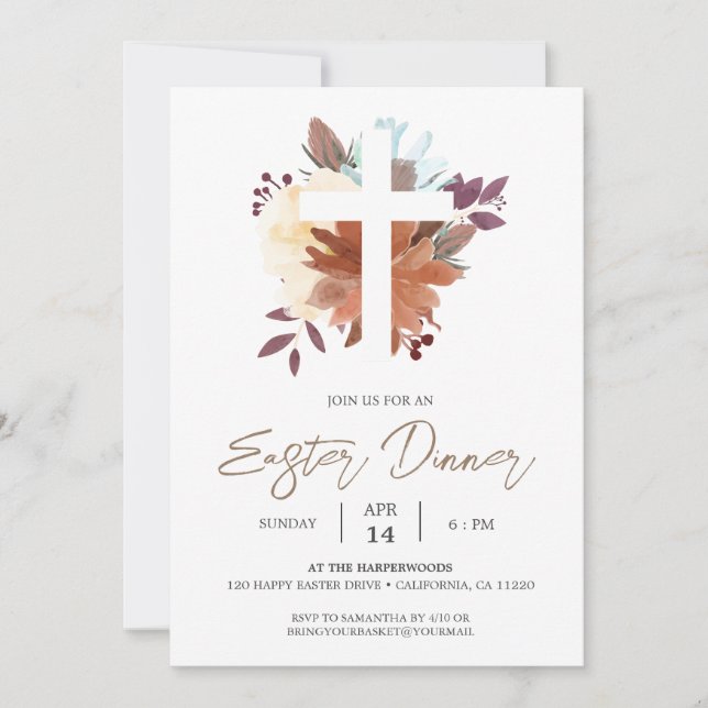 Invitación floral Cross Christian Spring Easter Dinner (Anverso)