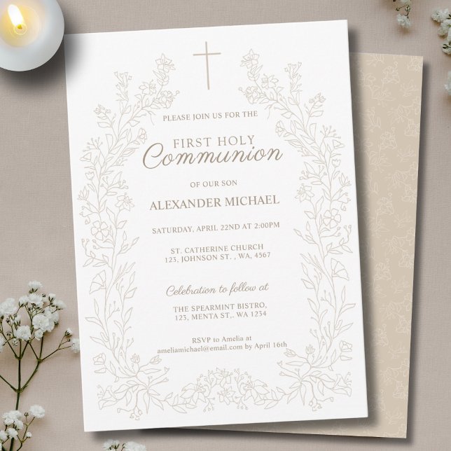 Invitación Floral Cross First Holy Communion Religious (Subido por el creador)