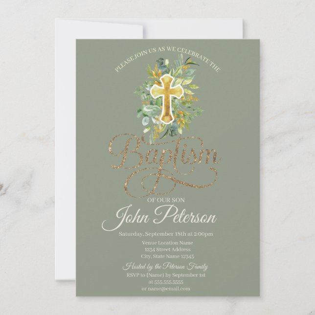 Invitación  Floral Cross Sage Green Baptism (Anverso)