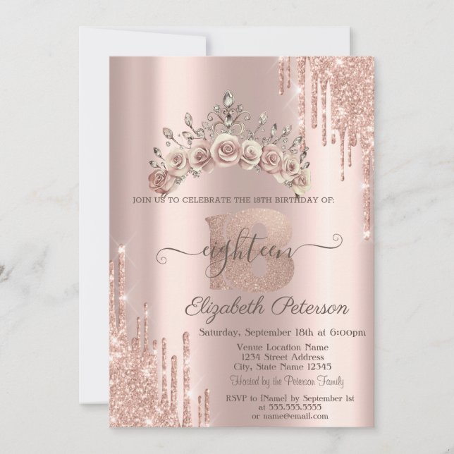 Invitación Floral Crown Glitter Drips Rose Gold 18th  (Anverso)
