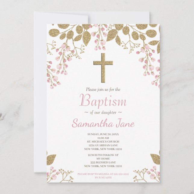 Invitación Floral Cruz de Oro Rosa Bebé Baptismo (Anverso)