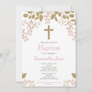 Invitación Floral Cruz de Oro Rosa Bebé Baptismo