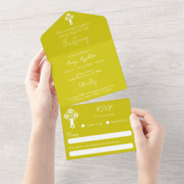 Invitación floral cruz todo en uno Bautizo Amarill