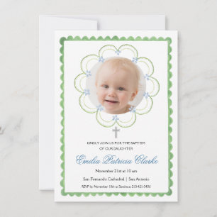 Invitación Floral Cruz Verde Azul Verde Baptismo simple