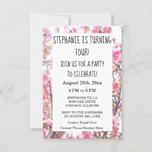 Invitación Floral Cuarto cumpleaños fiesta de cerezo rosa