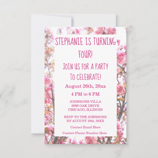 Invitación Floral Cuarto Cumpleaños Flor Blossom Rosa (Anverso)