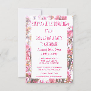 Invitación Floral Cuarto Cumpleaños Flor Blossom Rosa
